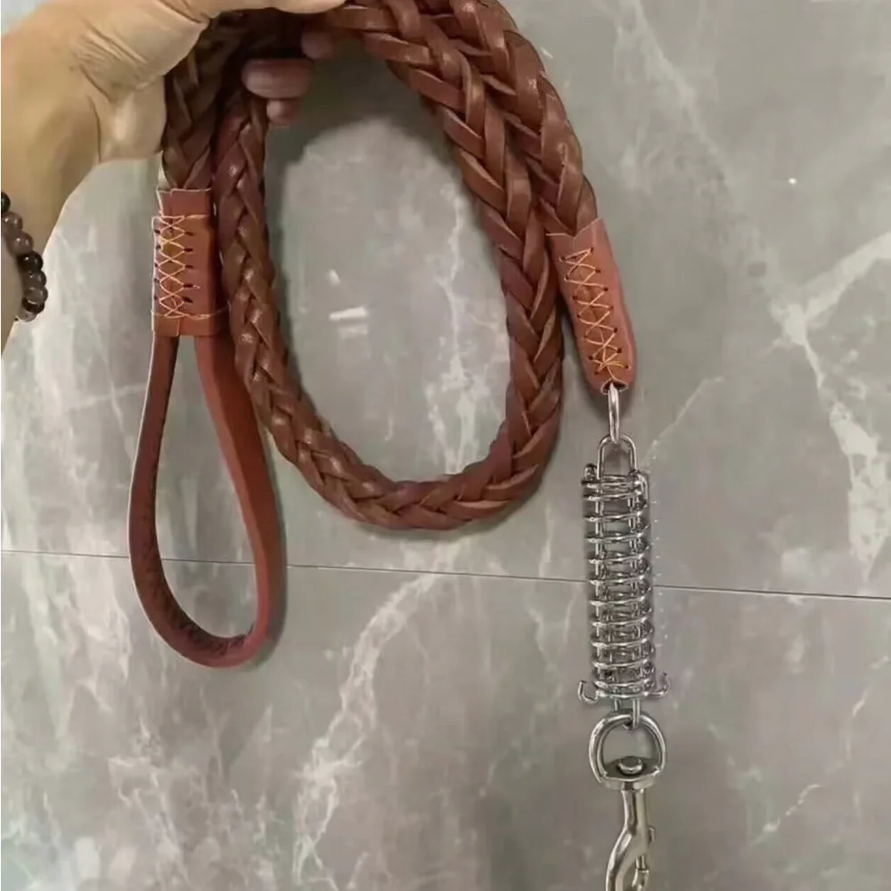 Braided Brown Leather Dog Leash and Collar Set - Brown